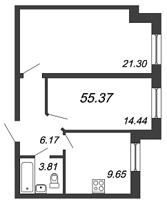 Приневский, IV кв. 2021, 2 комнаты, 55.37 м2