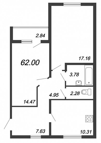 Новое Сертолово, IV кв. 2021, 2 комнаты, 62.00 м2
