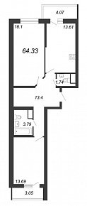 Приморский квартал, III кв. 2022, 2 комнаты, 64.33 м2