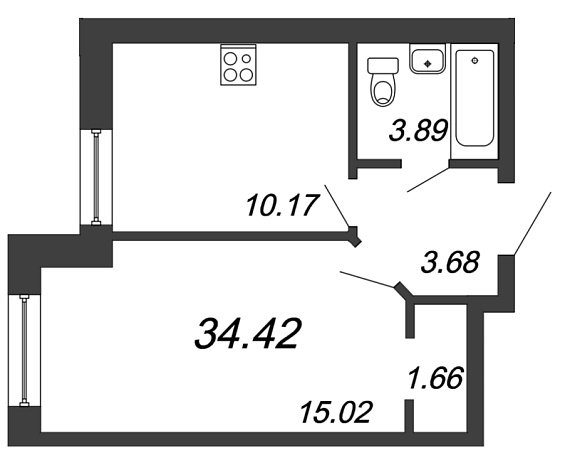 Приневский, IV кв. 2021, 1 комната, 34.42 м2