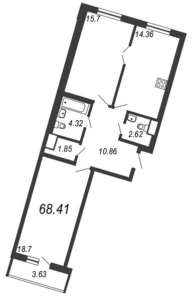 Приморский квартал, III кв. 2022, 2 комнаты, 68.41 м2