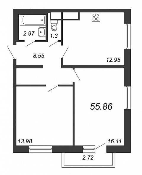 Приморский квартал, III кв. 2022, 2 комнаты, 55.86 м2