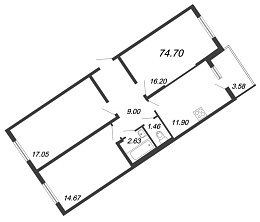 Новое Сертолово, IV кв. 2021, 3 комнаты, 74.70 м2
