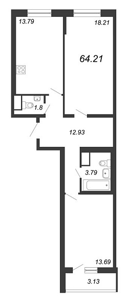 Приморский квартал, III кв. 2022, 2 комнаты, 64.21 м2