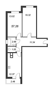 Приневский, IV кв. 2022, 2 комнаты, 57.26 м2