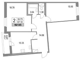Приморский квартал, II кв. 2021, 2 комнаты, 67.14 м2