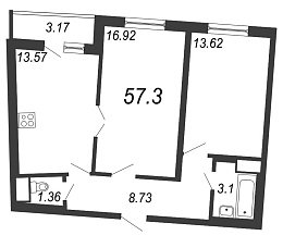 Приморский квартал, III кв. 2022, 2 комнаты, 57.30 м2