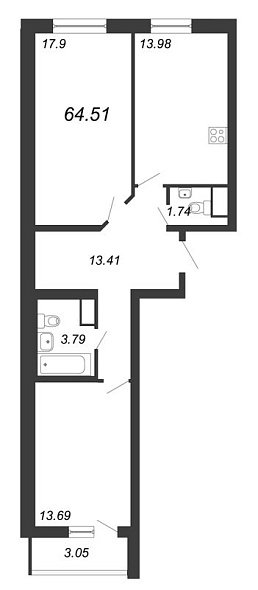 Приморский квартал, III кв. 2022, 2 комнаты, 64.51 м2