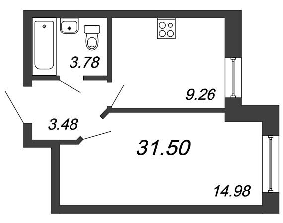 Приневский, IV кв. 2021, 1 комната, 31.50 м2