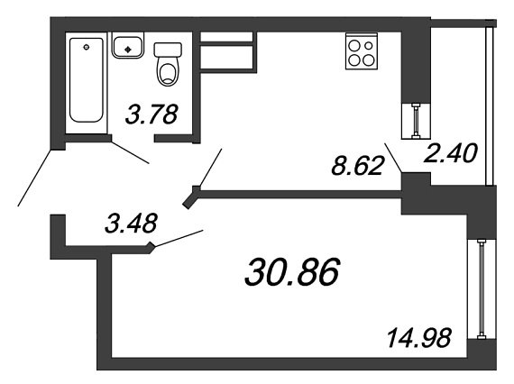 Приневский, IV кв. 2021, 1 комната, 30.86 м2