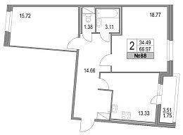 Приморский квартал, II кв. 2021, 2 комнаты, 66.97 м2