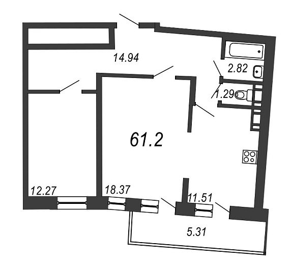 Приморский квартал, III кв. 2021, 2 комнаты, 61.20 м2