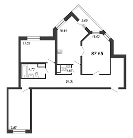 Приморский квартал, III кв. 2022, 3 комнаты, 87.55 м2