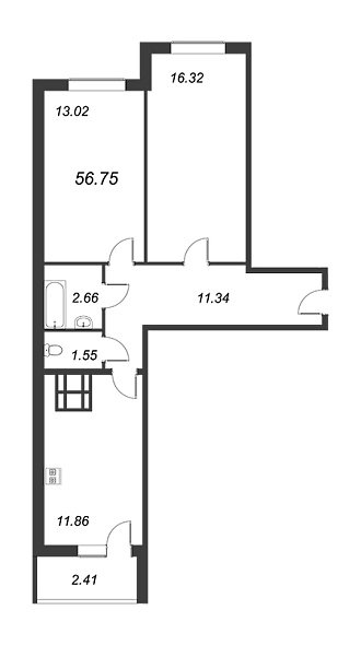 Приневский, IV кв. 2022, 2 комнаты, 56.75 м2