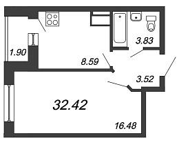 Приневский, IV кв. 2021, 1 комната, 32.42 м2