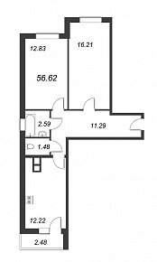 Приневский, IV кв. 2022, 2 комнаты, 56.62 м2