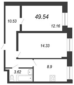 Чистый ручей, IV кв. 2021, 2 комнаты, 49.54 м2