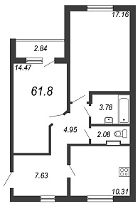 Новое Сертолово, IV кв. 2021, 2 комнаты, 61.80 м2