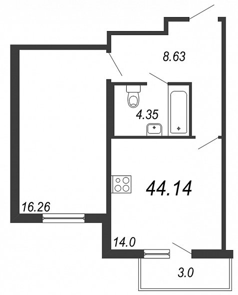Новое Сертолово, IV кв. 2021, 1 комната, 44.14 м2