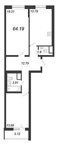 Приморский квартал, III кв. 2022, 2 комнаты, 64.19 м2