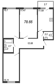 Новое Сертолово, IV кв. 2021, 3 комнаты, 78.66 м2