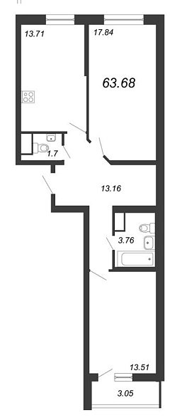 Приморский квартал, III кв. 2022, 2 комнаты, 63.68 м2