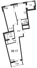 Приморский квартал, III кв. 2022, 2 комнаты, 69.17 м2