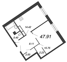 Ariosto, IV кв. 2020, 1 комната, 47.91 м2