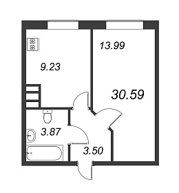 Приневский, IV кв. 2022, 1 комната, 30.59 м2