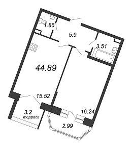 Ariosto, III кв. 2021, 1 комната, 44.89 м2