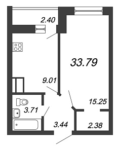 Приневский, IV кв. 2021, 1 комната, 33.79 м2