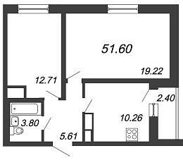 Приневский, IV кв. 2021, 2 комнаты, 51.60 м2