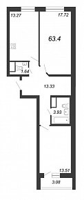 Приморский квартал, III кв. 2022, 2 комнаты, 63.40 м2