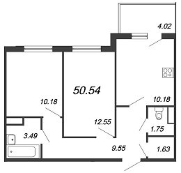 Юттери, III кв. 2021, 2 комнаты, 50.54 м2