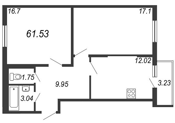 Новое Сертолово, IV кв. 2021, 2 комнаты, 61.53 м2