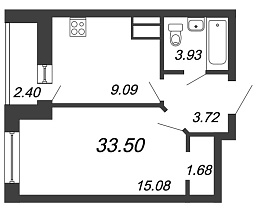 Приневский, IV кв. 2021, 1 комната, 33.50 м2