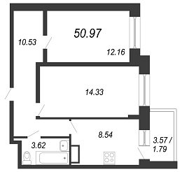 Чистый ручей, IV кв. 2021, 2 комнаты, 50.97 м2
