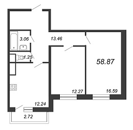Приморский квартал, III кв. 2022, 2 комнаты, 58.87 м2