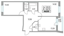 Приморский квартал, II кв. 2021, 2 комнаты, 60.79 м2