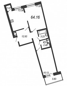 Приморский квартал, III кв. 2021, 2 комнаты, 64.16 м2