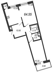 Приморский квартал, III кв. 2021, 2 комнаты, 64.55 м2