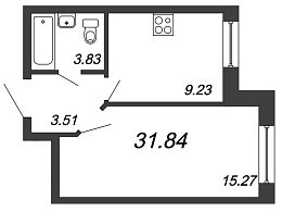 Приневский, IV кв. 2021, 1 комната, 31.84 м2