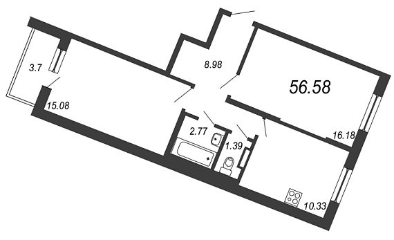 Новое Сертолово, IV кв. 2021, 2 комнаты, 56.58 м2