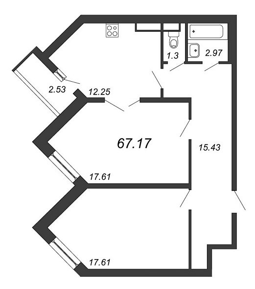 Приморский квартал, III кв. 2022, 2 комнаты, 67.17 м2