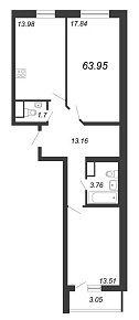 Приморский квартал, III кв. 2022, 2 комнаты, 63.95 м2