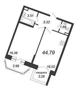 Ariosto, III кв. 2021, 1 комната, 44.79 м2