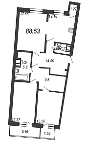 Приморский квартал, III кв. 2021, 3 комнаты, 88.53 м2