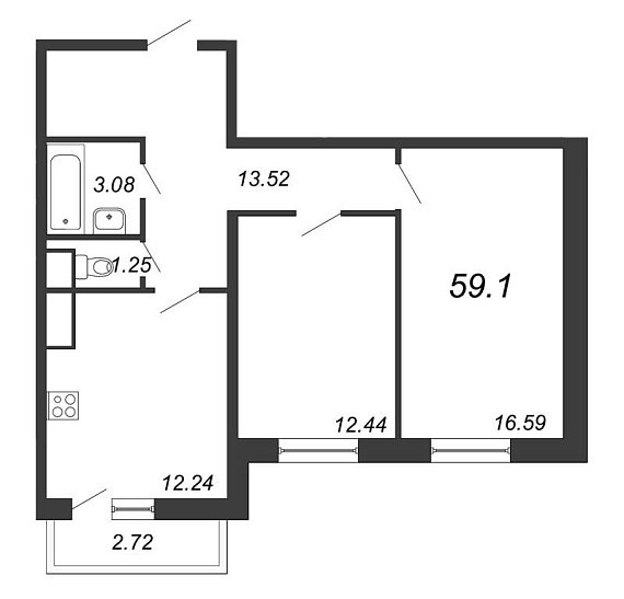 Приморский квартал, III кв. 2022, 2 комнаты, 59.10 м2