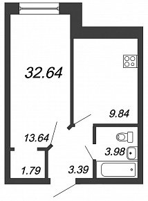 Приневский, IV кв. 2021, 1 комната, 32.64 м2