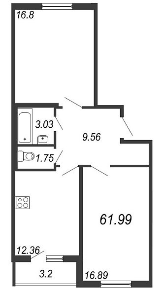 Новое Сертолово, IV кв. 2021, 2 комнаты, 61.99 м2